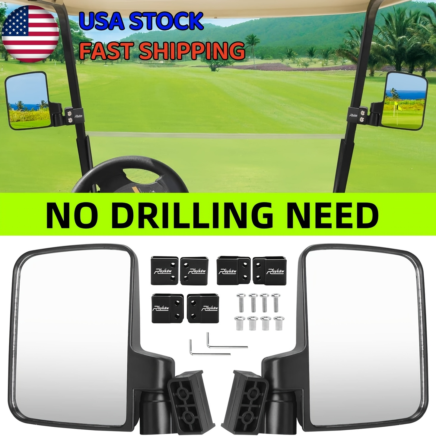 Convex Golf Cart Side Rear View Mirror for EZGO Club Car Yamaha G29 Square Frame – No Drilling Easy Install Wide Angle Blind Spot Mirror