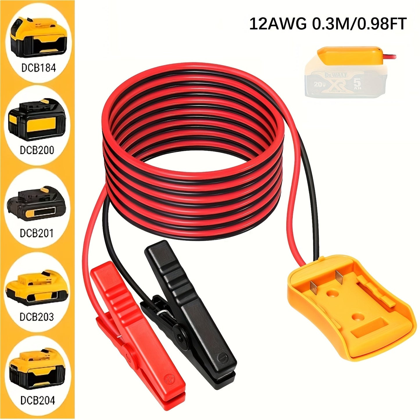Jump Starter Cable with Adapter for DeWalt 18V 20V DCB Battery 0.98Ft & 6.56Ft Portable Car Emergency Start Kit ABS Housing - Battery Not Included