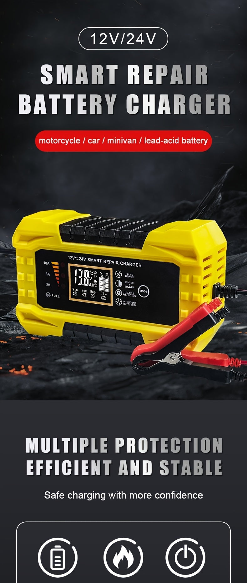 12V/24V10A American Standard Plug Electric Forklift Sweeping Machine Floor Washer Charger 12V/24V10A Lead-Acid Battery Lithium Battery Intelligent Fast Charging Car Battery 12V/24V Battery Charger Intelligent Electric Vehicle High-Power Charger