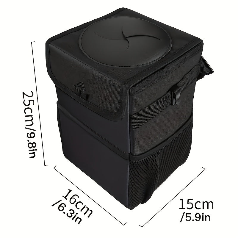 One Car Trash Can Featuring a Lid And Storage Pockets, Designed to Hold Items Or Waste. This Leak-Proof Polyester Fiber Automotive Garbage Bin Serves Multiple Purposes As a Hanging Trash for The Interior of Your Vehicle