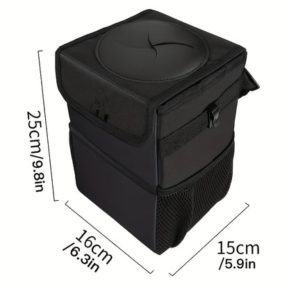 One Car Trash Can Featuring a Lid And Storage Pockets, Designed to Hold Items Or Waste. This Leak-Proof Polyester Fiber Automotive Garbage Bin Serves Multiple Purposes As a Hanging Trash for The Interior of Your Vehicle