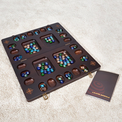 4-Player Mancala Game Set – Premium Solid Wood Folding Board with 108 Multi-Color Glass Stone Beads & Instructions, Upgraded Multiplayer Strategy Game for Teens & Adults, Perfect Family Gift Ages 14+