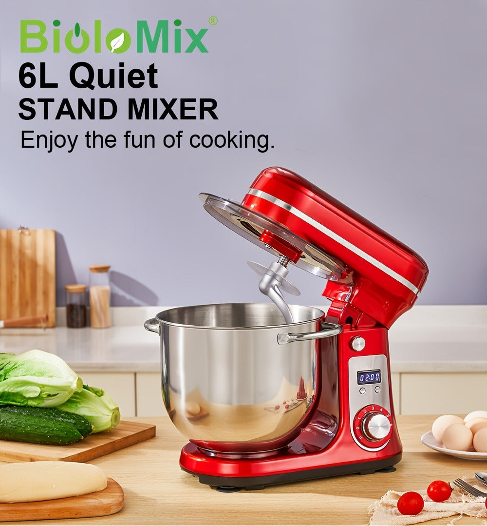 Stand Mixer 1200W 6L Stainless Steel Bowl - Kitchen Food Stand Mixer with Dough Hook, Whisk & Beater, 6-Speed Tilt-Head Electric Mixer for Baking, Kneading, Whipping, Red