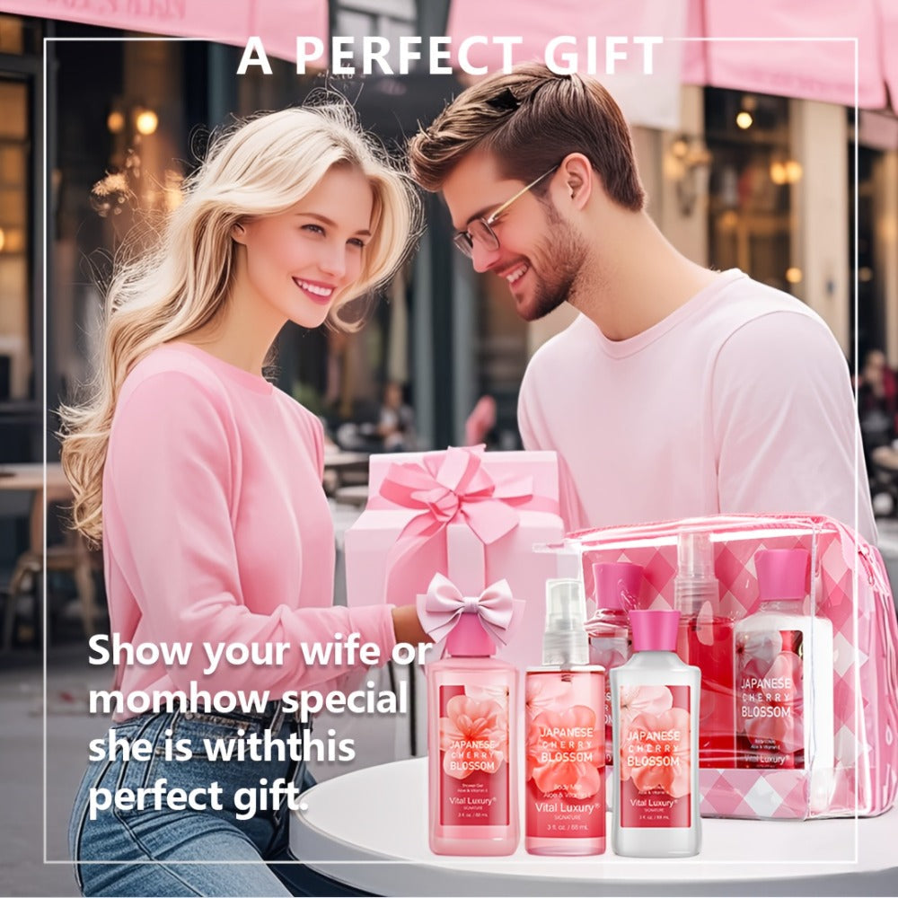 Bath Body Care Gift Set Shower Gel Body Lotion Body Mist Aloe Vera Vitamin E Glycerin Deep Moisturizing Fragrance Set for Women Cherry Blossom Lavender Vanilla Coconut All Skin Types