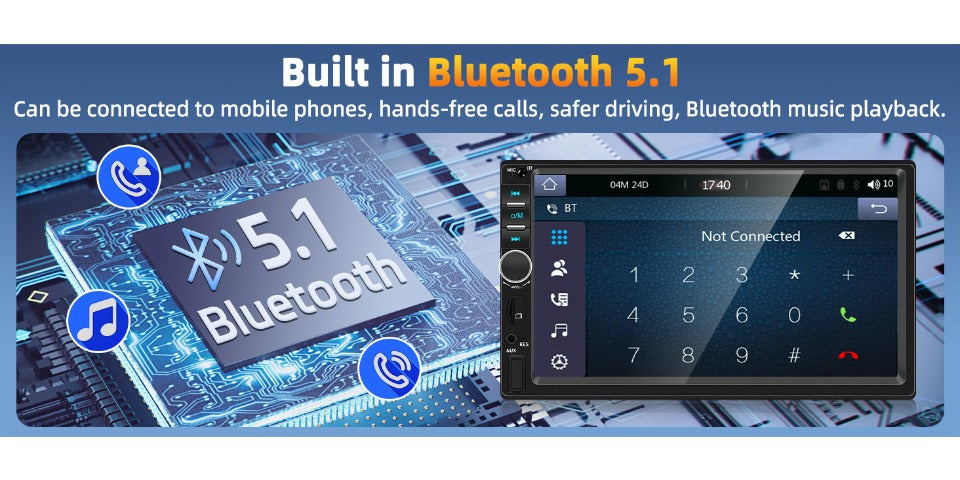 7" Double Din Car Stereo with Bluetooth 5.0, Touchscreen Universal Car Multimedia Player with Wired CarPlay & Android Auto, FM Radio, Rear View Camera Mic Support TF/USB