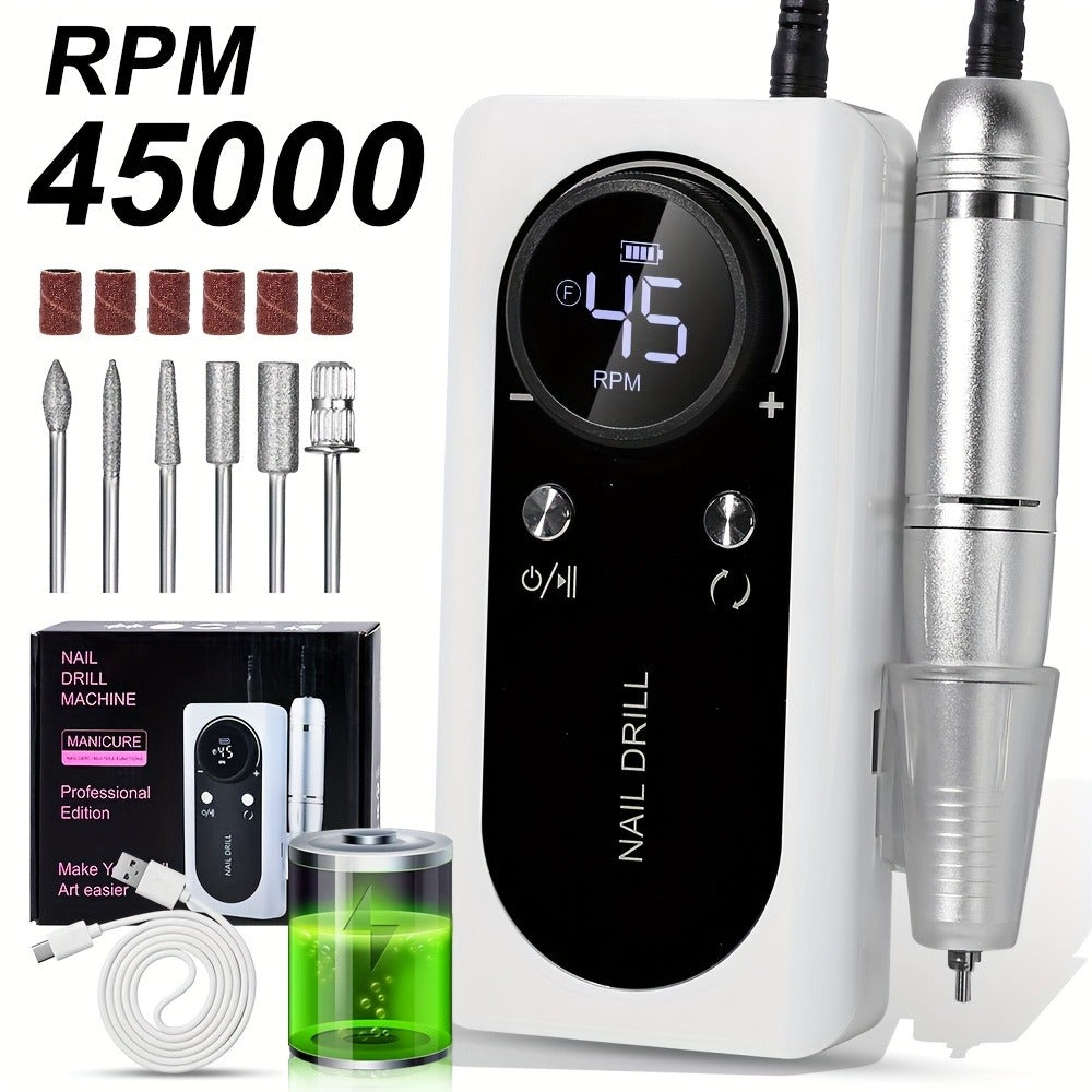 Electric Nail Drill Machine 45000RPM with LCD Display — Rechargeable Cordless E-File Professional High-Speed Nail Sander for Acrylic Gel Polish Natural Nails, Salon & Home Manicure Pedicure Tool