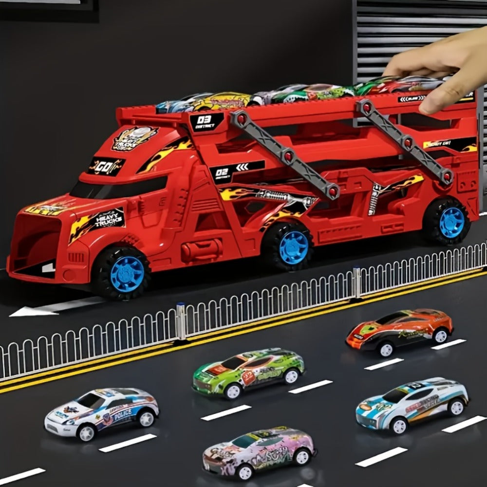 Transforming Launcher Truck Playset with 8 Alloy Cars – Foldable Storage Transporter Toy | Car Carrier Truck with Launch Ramp, Durable ABS Construction, Birthday Gift for Boys Ages 3 4 5 6