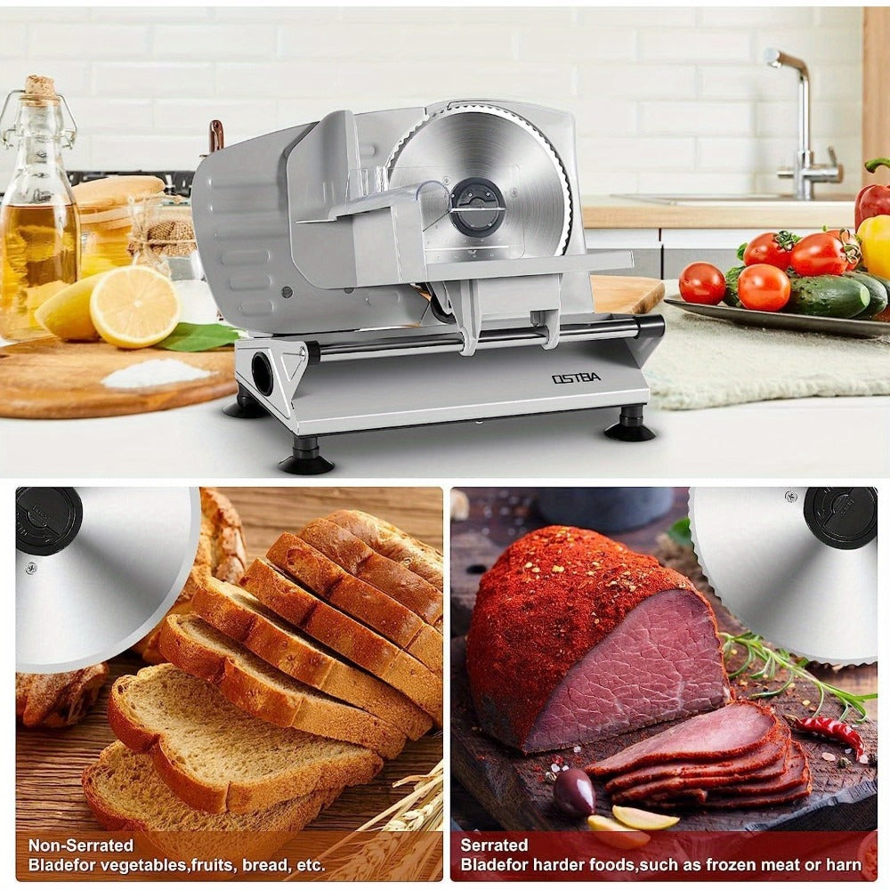 Electric Meat Slicer for Home Use – Deli Food Slicer with 2 Removable Stainless Steel Blades, Adjustable Thickness, Food Carriage for Meat, Cheese & Bread