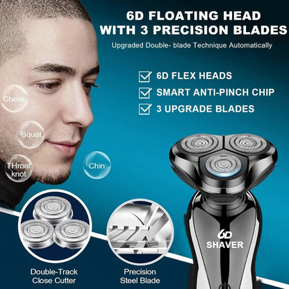 Electric Shaver for Men 3-in-1 Cordless Rechargeable 360° Floating Rotary – Beard Trimmer, Nose Hair Trimmer & Face Shaver with LED Display, 90-Min Battery & USB Charging, Black