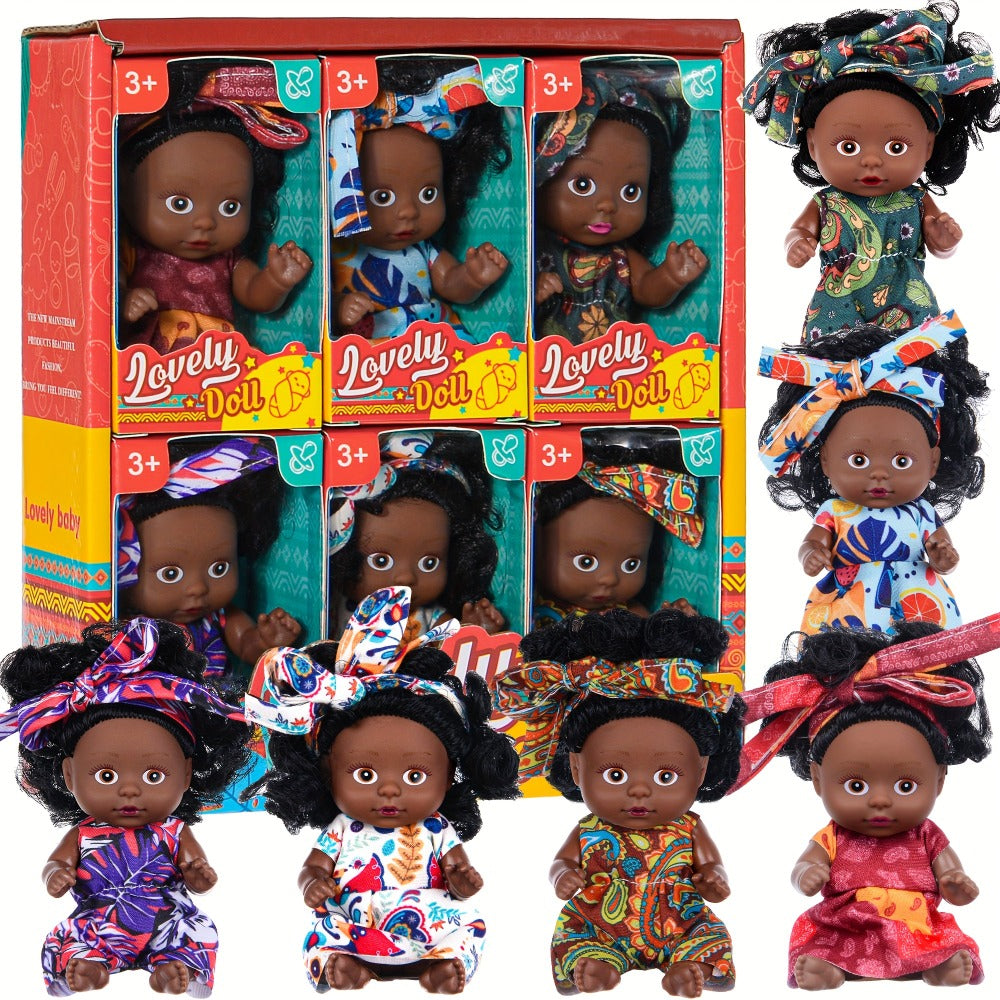 Miniature Girl Doll Set 6 Pcs 4 Inch Articulated Arms & Legs – Colorful Outfits Printed Headscarf, Adorable Collectible Mini Fashion Dolls, Christmas New Year Birthday Gift for Kids Girls Ages 3+