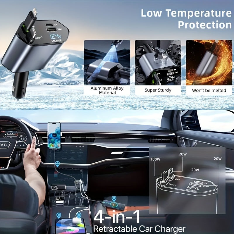 Retractable Car Charger 4in 1 Fast Car Phone Charger, Type C/IOS Car Charger Adapter with 2X Retractable Phone Charger Cables And 2X USB Ports for iPhone 15/14/13/12 Max, Samsung S24/S23, Google Smartphon
