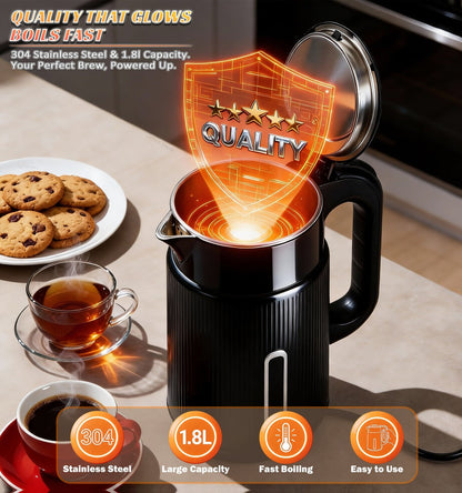 Electric Kettle 1000W Double Wall Stainless Steel – 57.48oz 304 SS Hot Water Kettle with 360° Rotary Base, LED Light, Auto Shut-Off & Boil-Dry Protection, Instant Water Warmer for Coffee & Tea – Black