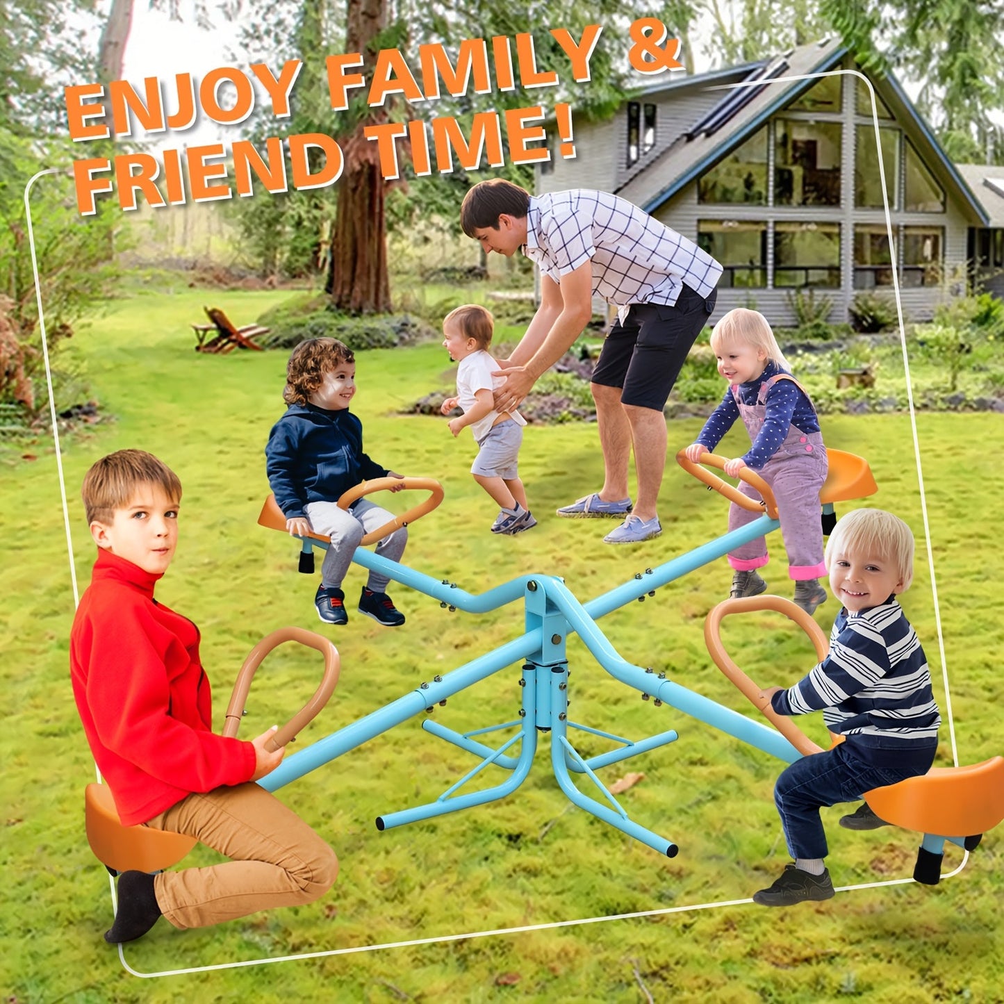 4-Seat Metal Seesaw for Kids Outdoor Backyard Playground – 360 Degree Rotating Teeter Totter with Three-Axle Swivel Design, Sports Field Play Equipment, Assembly Tools Included