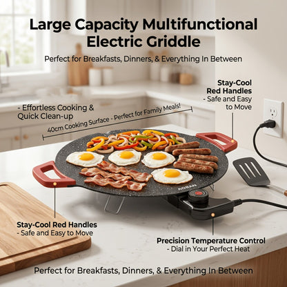 Electric Griddle Non-Stick with Adjustable Temperature – 14.17" & 15.75" Sizes, Fast Heating for Pancakes, Crepes, Pizza & BBQ, Easy Clean Portable Cooking Pan for Breakfast & Family Meals