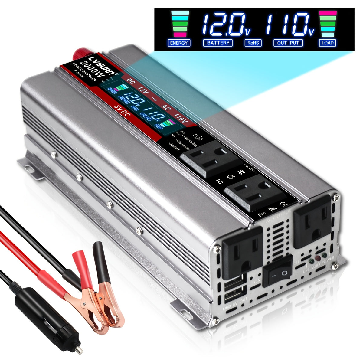 LVYUAN Car Power Inverter 2000W(Peak)1000W 12V to 110V DC to AC with 4 US Sockets, LCD Display, USB Ports for Car, Home, Outdoor, Camping Red