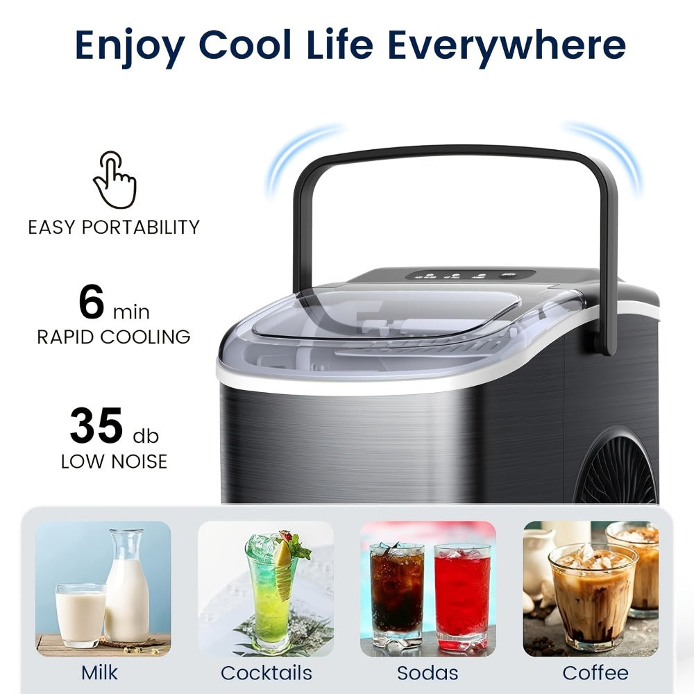 Pebble Ice Maker Countertop – 26 Lbs/24H, 2 Ice Cube Sizes, Sonic Bullet Ice Machine, Auto-Cleaning, Stainless Steel, Ice Scoop & Basket, Optional Descaler Kit for Home, Kitchen, Camping & RV