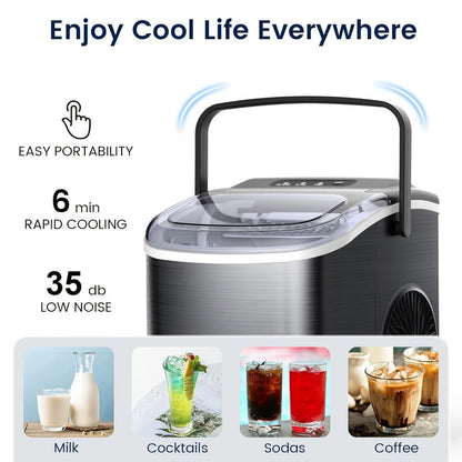 Pebble Ice Maker Countertop – 26 Lbs/24H, 2 Ice Cube Sizes, Sonic Bullet Ice Machine, Auto-Cleaning, Stainless Steel, Ice Scoop & Basket, Optional Descaler Kit for Home, Kitchen, Camping & RV
