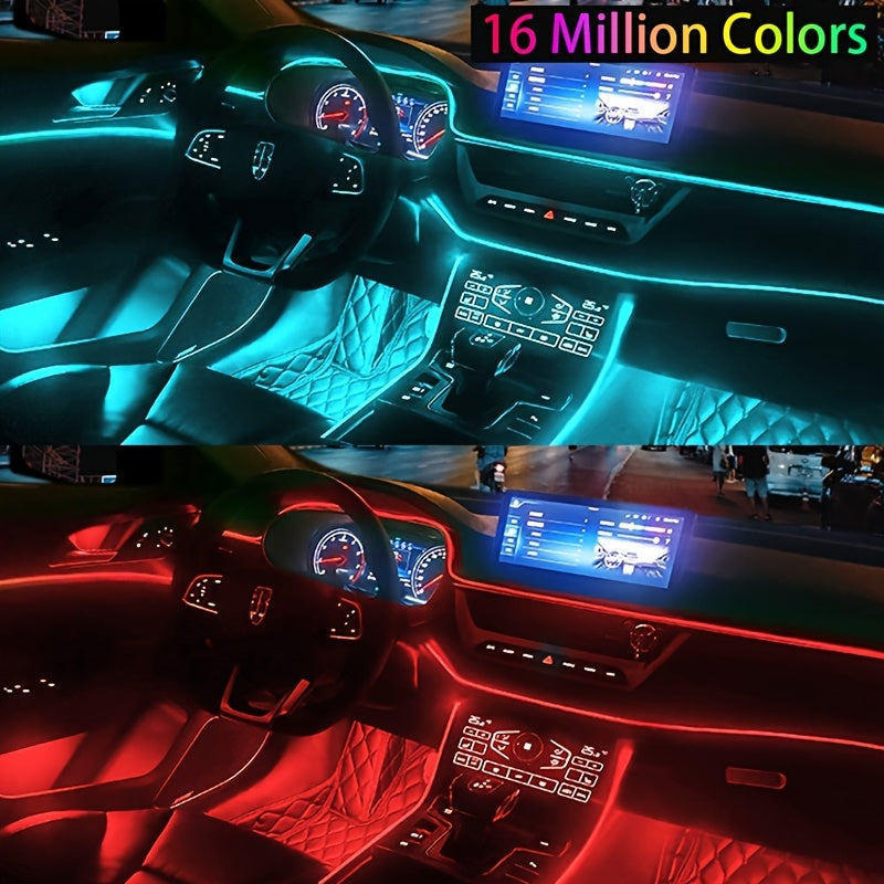 Automotive LED Interior Light Strip, 5 in 1 236 Inch/ 6 in 1 315 Inch RGB Multi-Color, with Optical Fiber Ambient Lighting Kit, Remote Control And APP Control, Car Car Plug LED Light Strip with Music Synchronization Mode, Without Battery