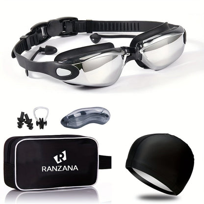 Anti-Fog Racing Swim Goggles Set 6-in-1 - HD UV Protection Silver Coated PC Lens, Waterproof PU Swim Cap, Nose Clip, Earplugs, Goggle Case & Storage Bag for Adult Men Women Pool Training Competition