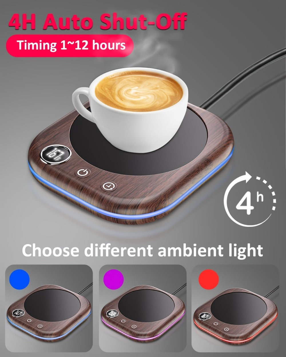 Smart Electric Coffee Mug Warmer 40W – Desktop Coffee Cup Thermos with Temperature Display, 3 Heat Settings, 1–12 Hour Timer & 4-Hour Auto Shut-Off, Keeps Coffee Tea Milk Cocoa Warm – Wood Grain Father's Day Gift