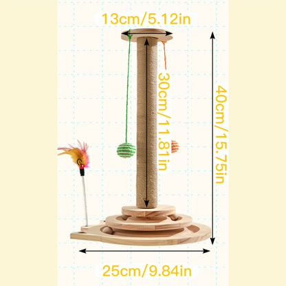 Multi-Level Sisal Cat Scratching Post 4-in-1 with 6 Wooden Balls 2 Hanging Balls & 2 Feather Teaser Toys - Premium Thickened Sisal Anti-Slip Base for Indoor Cats M L XL + Replacement Pillars