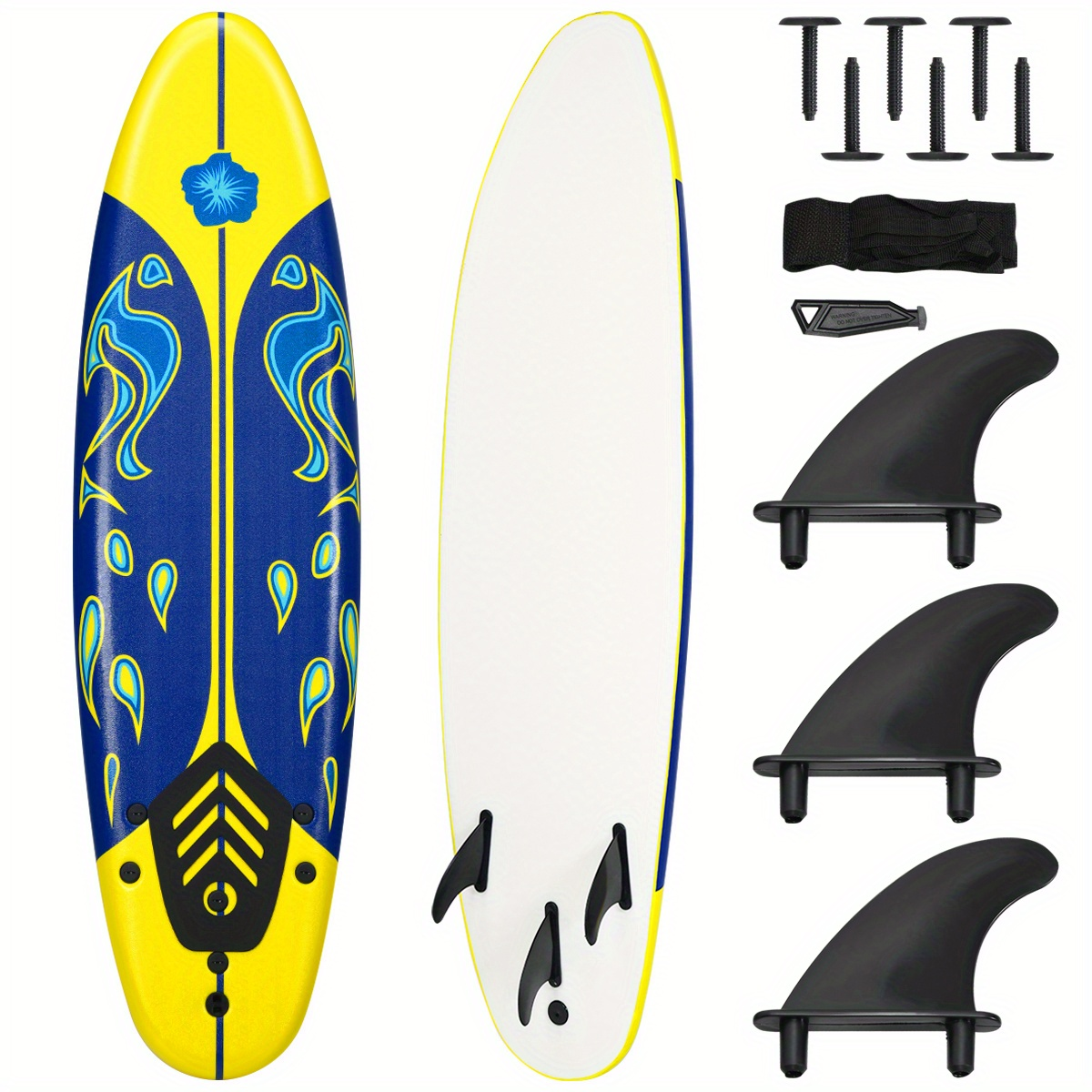Foam Surfboard 6ft Beginner Surfboard EPE Deck EPS Core 3 Detachable Fins Safety Leash 200lbs for Kids Adults Ocean Beach River Pool Yellow White Red