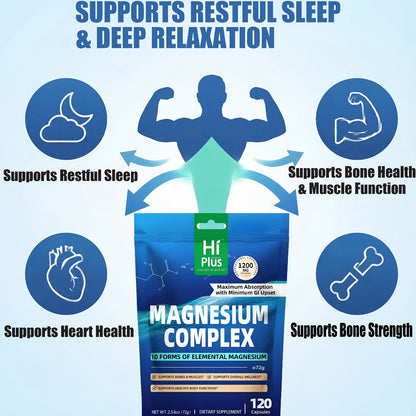 Magnesium Glycinate Complex 1200mg 10-in-1 Full Spectrum Vegan Capsules for Deep Sleep Calm Anxiety Relief Heart Bone & Nerve Health — High Absorption Gentle on Stomach 120 Capsules Women & Men