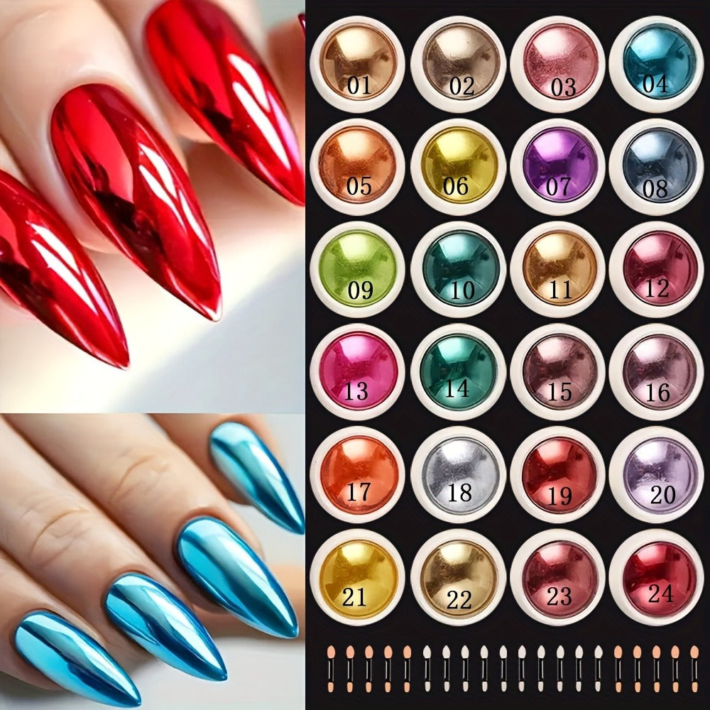 Chrome Nail Powder 24 Colors Set Holographic Mirror Effect Metallic Reflective Glitter Pigment for Gel Acrylic Nails DIY Manicure Art Decoration Non-Discoloring