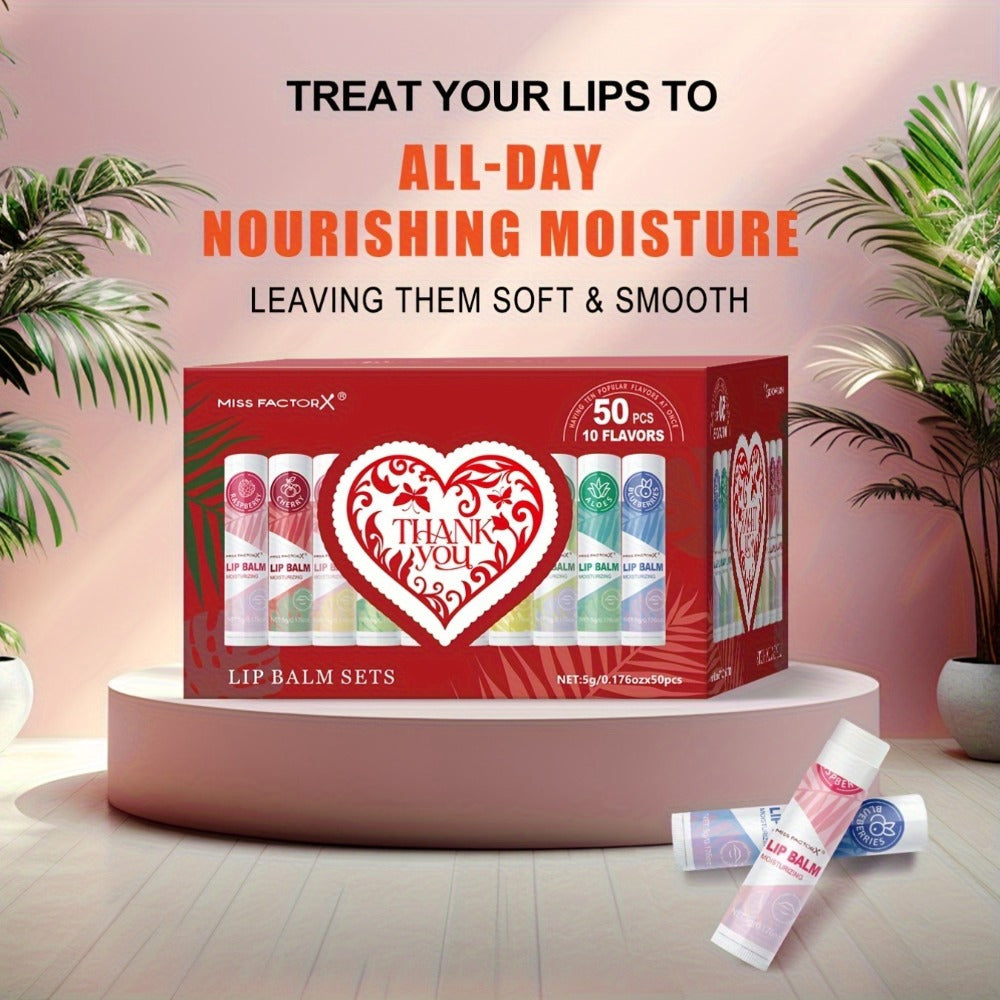 Fruit Flavored Lip Gloss Set 50 Pieces – Moisturizing Lip Balm Kit in 10 Colors, Hydrating Lip Care for Dry & Cracked Lips, Day & Night Use, Holiday Gift Set for Women & Girls