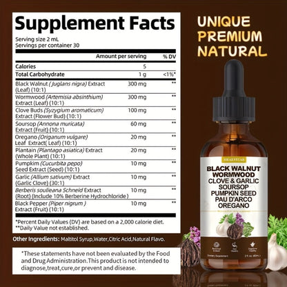Gut Cleanse Herbal Tincture with Black Walnut Wormwood Berberine Soursop Oregano Garlic — Alcohol-Free Colon Detox Drops for Digestive Health | 2 fl oz Liquid Supplement