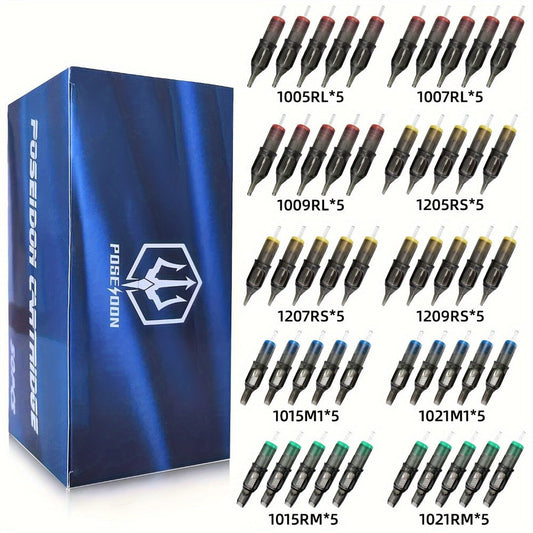 Tattoo Cartridge Needles 50Pcs Assorted - Poseidon TUV 0.30mm Stainless Steel RL RS M1 Mixed Sizes Disposable Membrane Safety Cartridge Needle Set for All Tattoo Machines & Artists