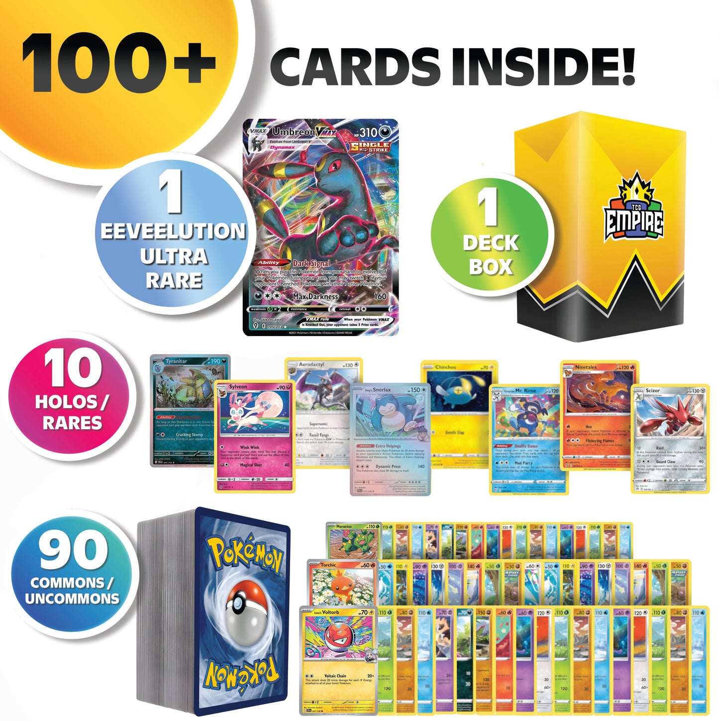Eeveelution Pokémon Cards Bundle 100+ – 1 Guaranteed Ultra Rare Eeveelution (Vaporeon/Umbreon/Sylveon EX/GX/VMAX) + 10 Holos + TCG Storage Box | Prismatic Evolutions Gift for Collectors & Kids