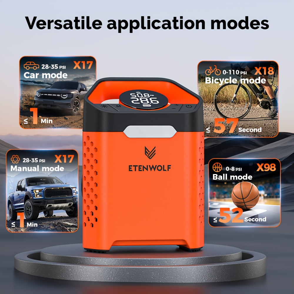 ETENWOLF Portable Air Pump for Car Tires & Tire Inflator Air Compressor | 1 Min Fast Inflation, 100% Duty Cycle, Heavy Duty, USB Charging, Digital Display, Rechargeable Battery