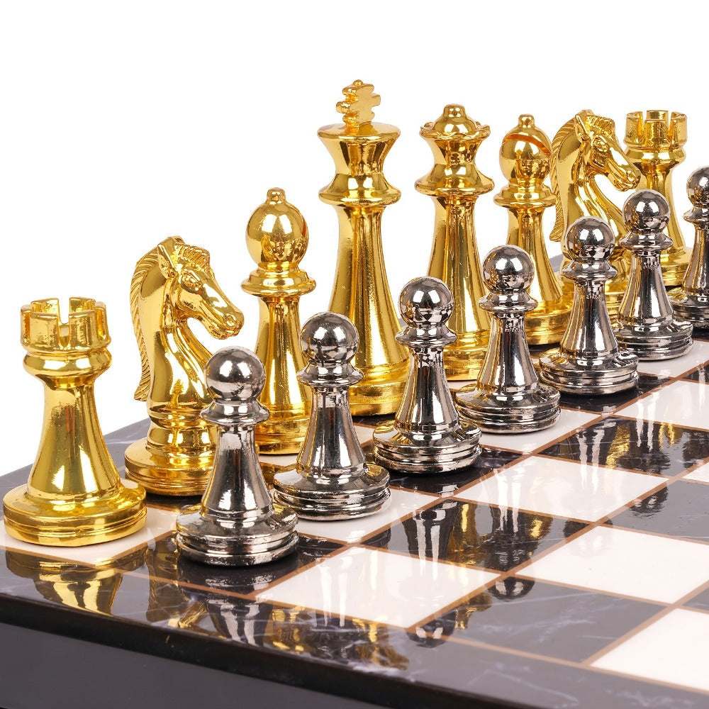 Luxury Metal Chess Set with Marble Board – Zinc Alloy Gunmetal & Gold Pieces Extra Queens 11.5" Elegant Chessboard Gift for Adults Beginners Home Office Decor