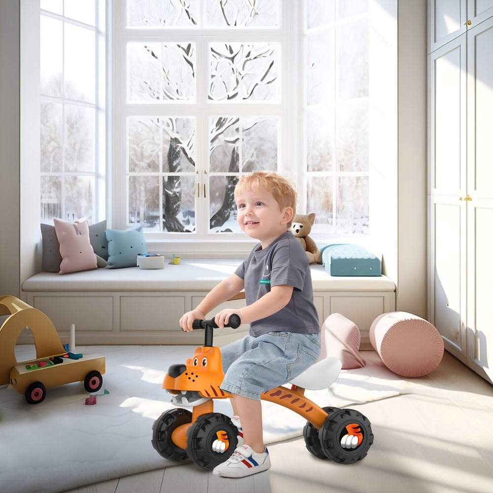 Baby Balance Bike 4 Wheels with Adjustable Seat Toddler Walker Ride On Toy for Ages 10 Months to 3 Years Boys Girls First Birthday Christmas Gift Tiger Design Yellow