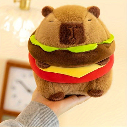 Capybara Plush Stuffed Animal Hamburger Burger Hat Funny Kawaii Soft Plush Toy Couch Pillow Doll Unique Meme Gift for Kids Teens Adults Birthday Christmas Holiday