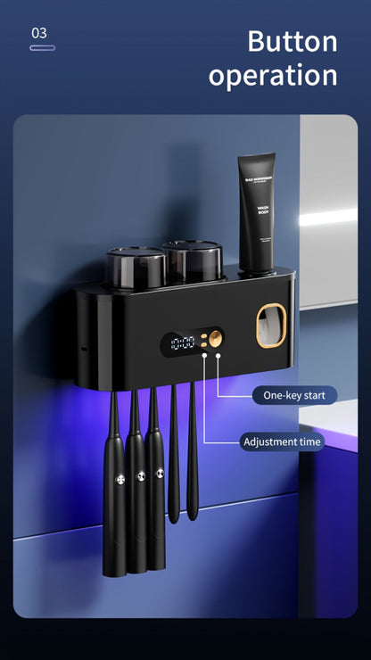 Toothbrush Holder with UV Sterilizer & Automatic Toothpaste Dispenser – 5-Slot Smart Bathroom Organizer with 2 Cups, USB Rechargeable, Clock Display, Durable Plastic Wall Mount for Family Oral Care