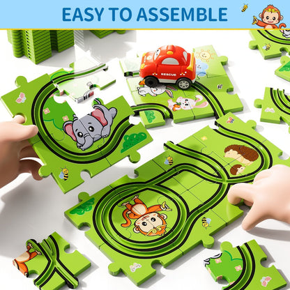 Jigsaw Puzzle Race Track Car Set Toy for Boys Kids – 39 56 73 PCS Flexible Building Track with Toy Cars | STEM Educational Play | Best Birthday Christmas Gift Ages 3 4 5 6 7
