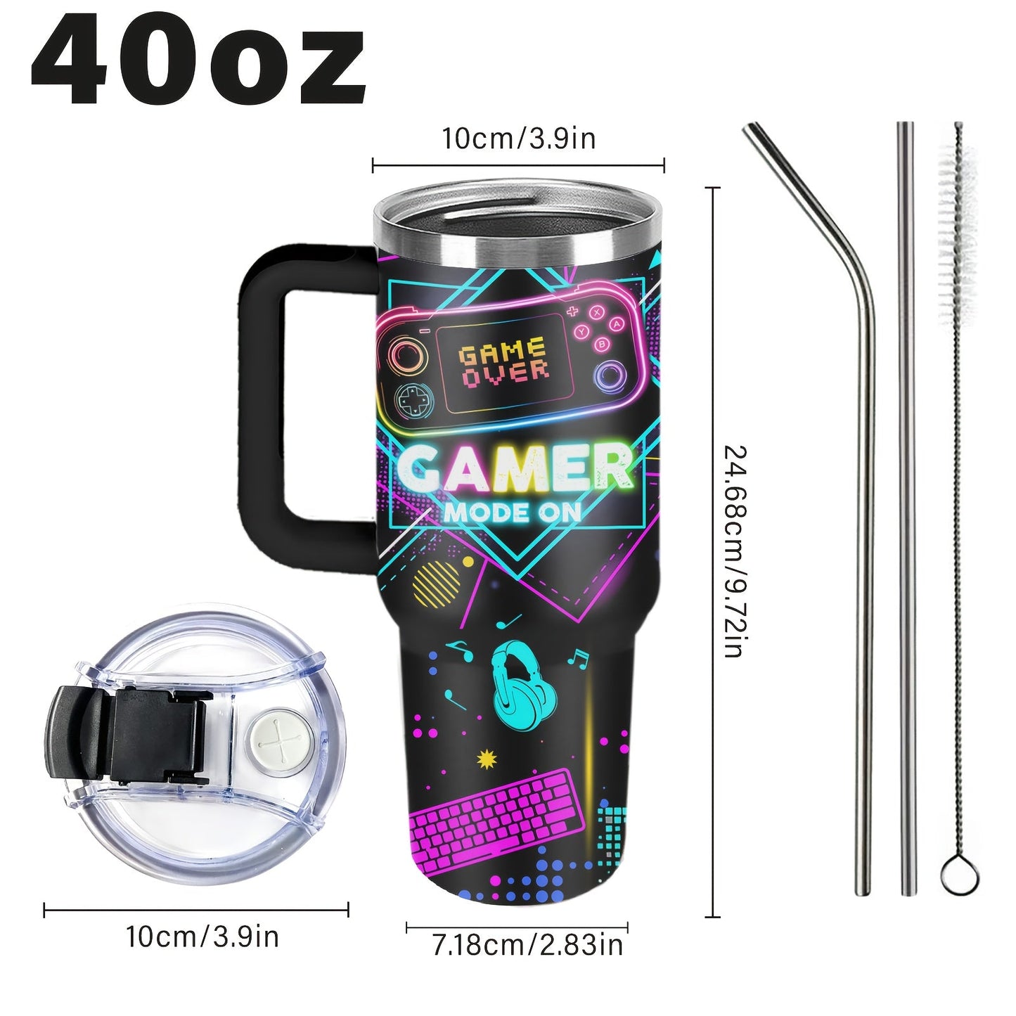 Gamer Tumbler 40oz with Lid & Straw - Insulated Gaming Cup Gift for Men, Boys & Teen Gamers - Double Wall Vacuum Tumbler for Hot & Cold Drinks, Cool Gaming Birthday Gift