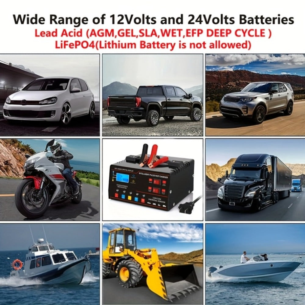 Smart Battery Charger 12V & 24V with LCD Display – Intelligent Trickle Charger, Smart Repair, Overcharge & Short Circuit Protection for Cars SUVs Trucks Motorcycles Yachts