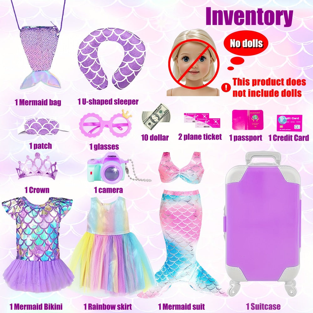 18 Inch Doll Mermaid Accessories Set 20 Pcs – Mermaid Skirt Top Crown Luggage Camera Passport Bank Card Glasses & Tickets, Fits American Girl Dolls Ocean Travel Gift for Girls Ages 3+ No Doll