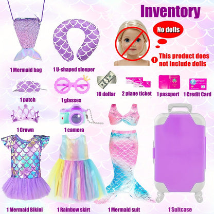 18 Inch Doll Mermaid Accessories Set 20 Pcs – Mermaid Skirt Top Crown Luggage Camera Passport Bank Card Glasses & Tickets, Fits American Girl Dolls Ocean Travel Gift for Girls Ages 3+ No Doll