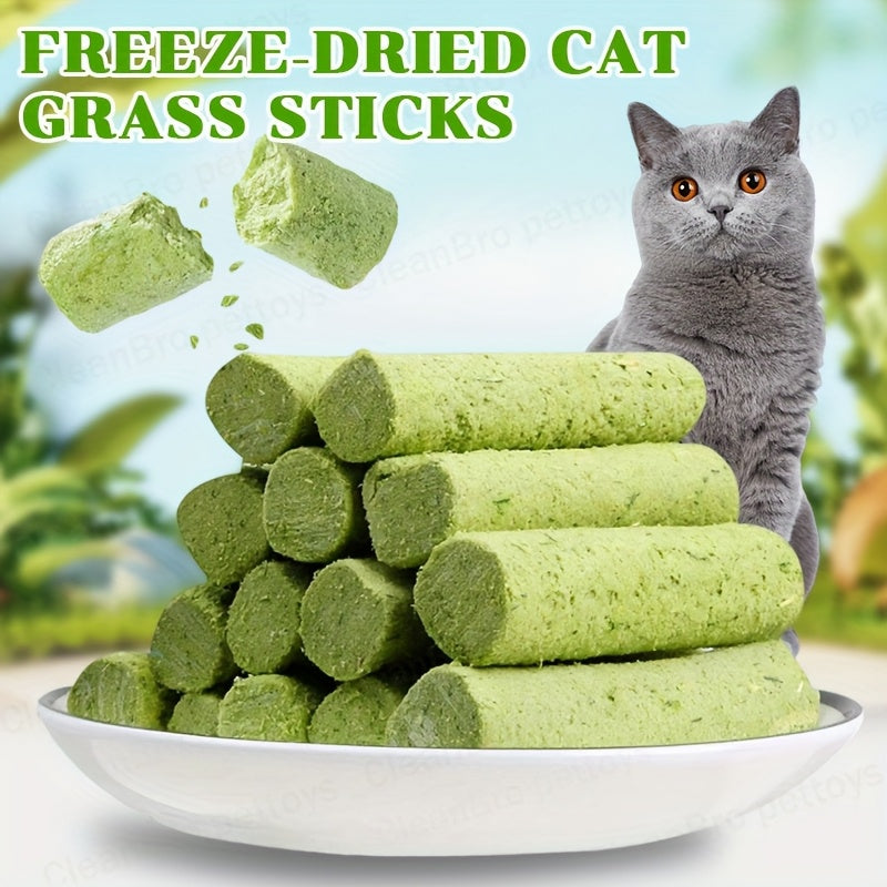 Cat Grass Sticks for Hairballs – Freeze-Dried Treats with Instant Granules & Hair Cream Tablets for Indoor Cats 15pcs