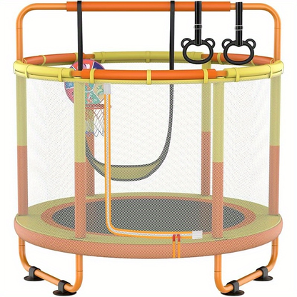 60 Inch Kids Trampoline 6-in-1 with Safety Net Enclosure, Basketball Hoop, Swing, Dart Board & Gymnastic Rings – Indoor Outdoor Toddler Trampoline for Boys Girls, 5ft Fun Activity Center