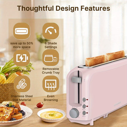 2 Slice Slim Toaster with 6 Shade Settings, Cancel Reheat Defrost Functions, Removable Crumb Tray – Compact 750W Bread Toaster for Kitchen Counter, Fits Bread Waffle Bagel