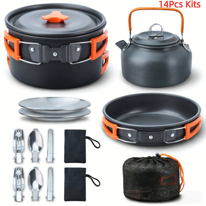 Camping Cookware Mess Kit 8 & 14 Piece – Portable Non-Stick Aluminum Alloy Camp Kitchen Set with Kettle, Pot, Frying Pan, Plates, Forks, Knives & Spoons for Backpacking, Hiking & Outdoor Cooking