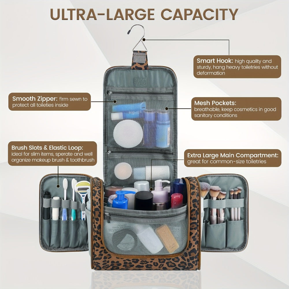 Hanging Toiletry Bag with Hook for Women Men Large Capacity Multi-Pocket Travel Shower Bag Cosmetic Makeup Organizer for Hotel Gym Camping 7 Prints Pink Black Leopard