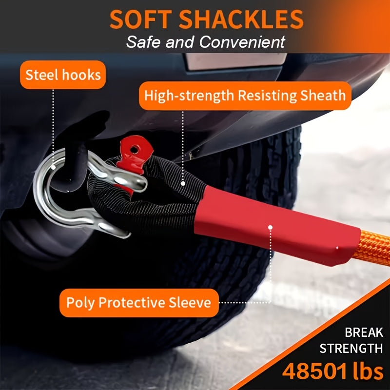 Heavy Duty Tow Rope, 22 Ton/48501 Lbs High Strength Nylon Kinetic Recovery Rope, with Bow Shackles And Storage Bag, for Truck SUV UTV ATV Emergency Rescue