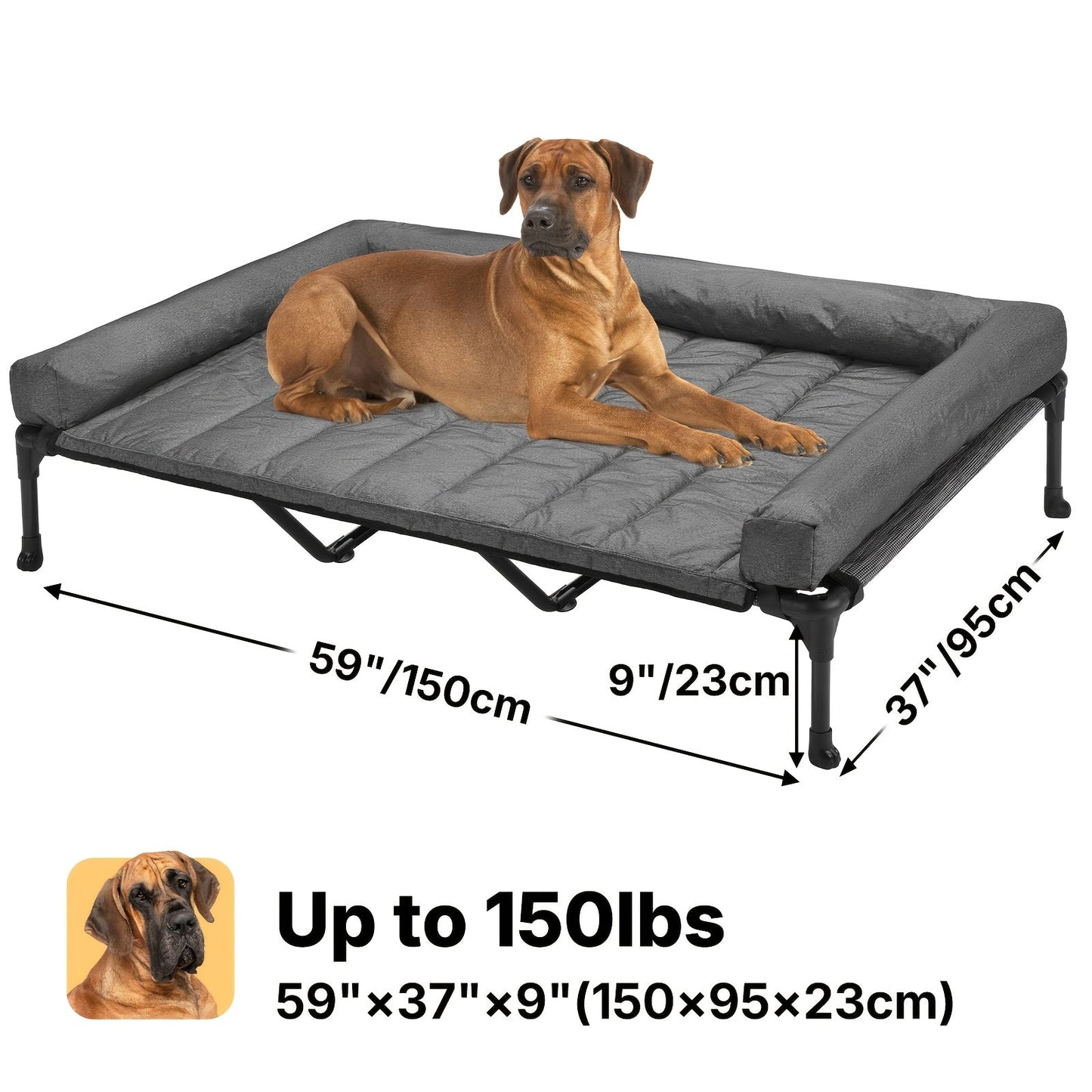 Elevated Dog Bed with Cooling Mesh & Removable Bolster Pillow Top Mat – Raised Dog Cot Bed, No-Slip Feet, Breathable Dog Sofa Bed for Indoor & Outdoor Use