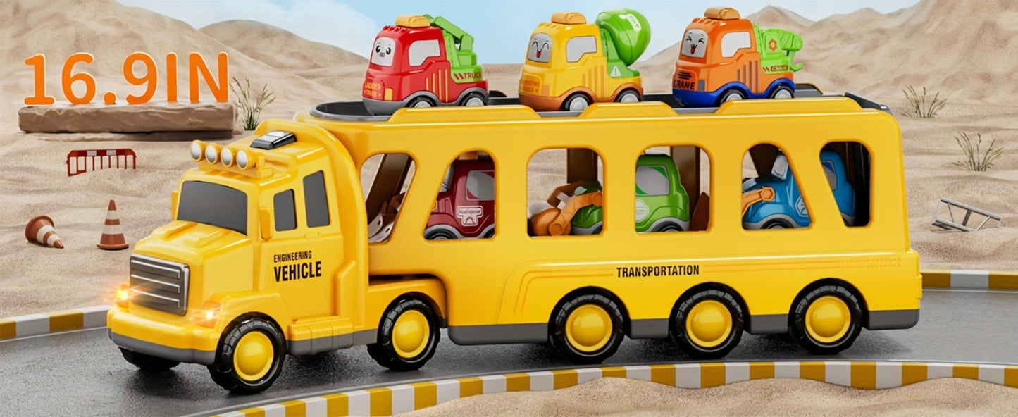 Transport Construction Truck Toy for Boys – 16.9 Inch Large Carrier Truck with 6 Cars, Lights & Sounds, Push & Go Vehicle Playset for Kids Toddlers, Birthday Christmas Gift for Boys Girls